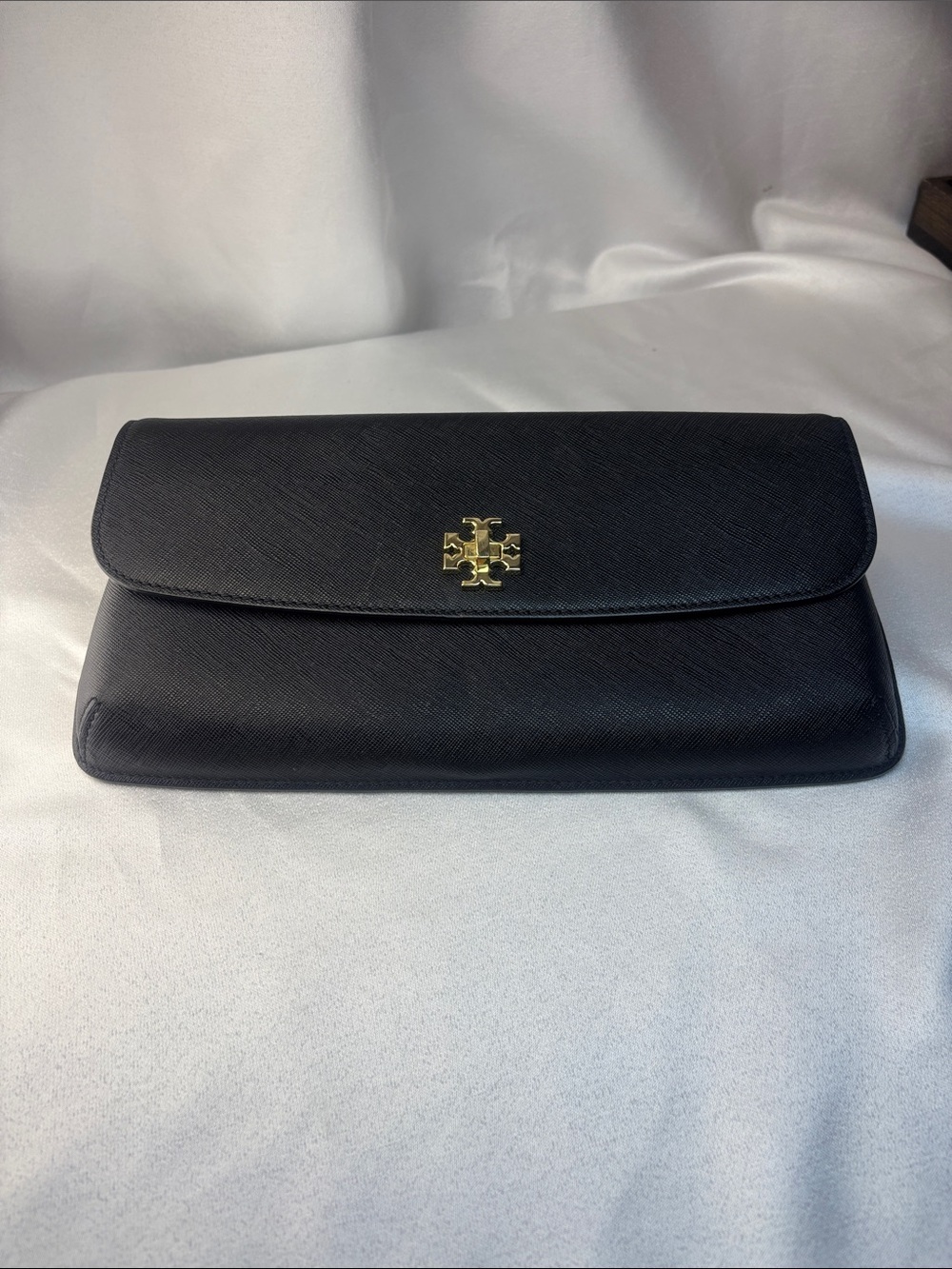 Tory Burch Black Saffiano Leather Envelope Clutch with Gold Emblem